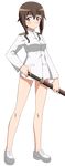 brown_hair full_body highres holding holding_sword holding_weapon loafers long_sleeves looking_at_viewer military military_uniform non-web_source sheath sheathed shoes short_hair solo standing strike_witches sword takei_junko transparent_background uniform weapon world_witches_series 