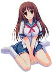  :o blush breast_squeeze breasts brown_hair copyright_request head_tilt highres large_breasts long_hair looking_at_viewer no_shoes school_uniform serafuku simple_background sitting socks solo tomose_shunsaku v_arms wariza white_legwear yellow_eyes 