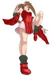  breasts brown_hair china_dress chinese_clothes cuboon detached_sleeves dress from_below full_body guilty_gear kuradoberi_jam leg_up long_sleeves looking_at_viewer medium_breasts red_dress simple_background solo standing standing_on_one_leg twintails white_background 