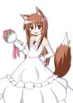  absurdres animal_ears bouquet bride brown_hair dress ezaki_itsuki fang flower highres holo long_hair red_eyes solo spice_and_wolf tail wedding_dress wolf_ears 