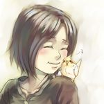  animal animal_on_shoulder bad_id bad_pixiv_id bird bird_on_shoulder blush brown_hair cheek-to-cheek closed_eyes cockatiel era_(traveling_bird) friends original parrot short_hair smile solo 