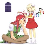  :d ;) ^_^ alternate_hairstyle alternate_headwear antenna_hair blonde_hair blue_eyes chin_rest closed_eyes collared_shirt flandre_scarlet grin hair_ribbon hong_meiling long_hair multiple_girls no_hat no_headwear oekaki one_eye_closed open_mouth pantyhose playing_with_another's_hair red_hair ribbon shintaro_(honmaguro) shirt short_hair short_sleeves sitting smile socks touhou white_background window wings 