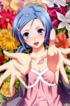  blue_eyes blue_hair enbi_kanade flower hair_ornament hairclip highres open_mouth petals solo startrain yasuyuki 