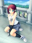  bare_shoulders blue_eyes cloud copyright_request day gloves gun handgun headphones maxwindy pistol railing red_hair short_hair sitting skirt sky solo tank_top tree weapon 