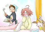  1girl ahoge apron bed curtains kogami_akira ladle lucky_star mask pajamas pink_hair polka_dot shiraishi_minoru short_hair sick stuffed_animal stuffed_toy surgical_mask ubizo 