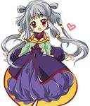  :d blush code_geass cowboy_shot dress hair_tubes heart izumi_rei long_sleeves looking_at_viewer open_mouth purple_dress silver_hair smile solo tareme tianzi twintails 