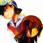  artist_request backwards_hat baseball_cap black_hair brown_hair goggles goggles_on_head gold_(pokemon) green_eyes hat lowres male_focus multiple_boys pokemon pokemon_special silver_(pokemon) simple_background upper_body white_background 