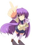  ;d arm_up blush clannad from_above fujibayashi_kyou grin kugui_kiyunemu looking_up one_eye_closed open_mouth pointing pointing_up purple_eyes purple_hair simple_background smile solo thighhighs white_background white_legwear zettai_ryouiki 