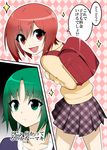  argyle argyle_background atsuko backpack bag comic green_eyes green_hair maki_(minami-ke) mattari_yufi minami-ke multiple_girls open_mouth randoseru red_eyes red_hair short_hair skirt smile sparkle translated 