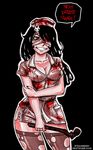  big_breasts black_background black_hair blood breasts bubblehead_nurse cleavage clothed clothing cosplay costume demon dialog dialogue english_text evil_grin female hair hat human legwear mammal marilyn not_furry nurse pipe plain_background red_eyes silent_hill simple_background smile solo standing stockings strawberry_deathcake text torn_clothing video_games voluptuous weapon webcomic wide_hips 