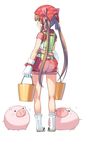  apron ass bandana blue_eyes blush brown_hair bucket character_hair_ornament from_behind gloves hair_ornament hello_kitty highres koume_keito long_hair looking_at_viewer looking_back original pig sandals shorts simple_background solo standing tabi twintails very_long_hair white_background 