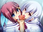  2girls blue_eyes blush disembodied_penis fellatio game_cg goshujinsama_daisuki kuu_spitfire lick licking long_hair multiple_fellatio multiple_girls murakumo_sakura open_mouth oral penis red_eyes red_hair school_uniform silver_hair uncensored yatsuha_kanan 