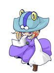  blonde_hair brown_eyes crossover dress froakie gen_6_pokemon hair_ribbon hat long_hair moriya_suwako pokemon pokemon_(creature) pokemon_(game) pokemon_xy pyonta ribbon seki_(red_shine) smile solo touhou wide_sleeves 