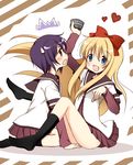  2girls :d black_hair black_legwear blonde_hair blue_eyes bow funami_yui hair_bow heart long_hair multiple_girls nanamori_school_uniform open_mouth oumi_neneha school_uniform serafuku short_hair sitting smile spoon sweatdrop toshinou_kyouko yuru_yuri 