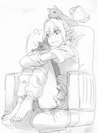  arm_warmers bad_id bad_pixiv_id barefoot cat chair dog feet_on_chair full_body greyscale hinomoto_madoka knees_up leg_warmers mizuhashi_parsee monochrome pointy_ears short_hair sitting solo touhou 