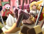  arm_support blonde_hair blurry breasts charlotte_(madoka_magica) depth_of_field drill_hair foreshortening gloves gun hair_ornament icing long_hair magical_girl magical_musket mahou_shoujo_madoka_magica medium_breasts panties pantyshot pantyshot_(sitting) short_hair siraha sitting skirt thighhighs tomoe_mami twin_drills twintails underwear weapon witch's_labyrinth yellow_eyes 
