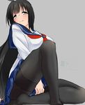  1girl black_hair breasts female green_eyes inaka_keikou large_breasts legs long_hair miniskirt original pantyhose school_uniform sho_yayoi short_skirt simple_background sitting skirt solo 