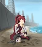  absurdres akemi_homura beach black_hair day far_cry far_cry_3 highres long_hair mahou_shoujo_madoka_magica multiple_girls parody red_hair sakura_kyouko sand 