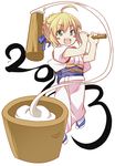  2013 ahoge artoria_pendragon_(all) azu blush_stickers chibi fate/stay_night fate_(series) food green_eyes hair_ribbon highres japanese_clothes kimono kine mallet mochi mochitsuki mortar new_year ribbon saber solo tabi wagashi 