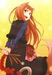  absurdres animal_ears ayakura_juu blush brown_hair fang food highres holo long_hair looking_at_viewer looking_back official_art pouch red_eyes scan skirt smile solo spice_and_wolf tail wheat wolf_ears wolf_tail 