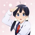  black_hair blue_eyes hair_ornament kitashirakawa_tamako long_hair low_twintails mole mole_on_neck salute school_uniform solo spiceg tamako_market twintails 