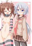  arm_warmers blue_eyes blush breasts brown_hair closed_eyes clothed_female_nude_female heart holding_hands kagerou_(kers) long_hair medium_breasts multiple_girls naked_scarf navel nipples nude open_mouth original pantyhose pussy scarf school_uniform silver_hair skirt smile striped striped_legwear thighhighs twintails 