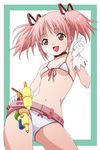  amano_yoki belly belt bikini breasts brown_eyes gloves highres kaname_madoka mahou_shoujo_madoka_magica navel pink_hair short_hair short_twintails small_breasts solo swimsuit twintails water_gun 