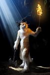  amber_eyes ambiguous_gender axe black_nose canine cave collaboration dark_theme darkness demon edit ezwolf fire fur fursuit holding hooves horn hybrid mammal nude photo photo_manipulation pose qarrezel real solo standing torch weapon white_fur wolf 