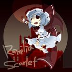  blue_hair hat looking_at_viewer misaki_(1n1m) open_mouth remilia_scarlet short_hair smile solo touhou wings 