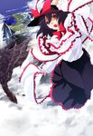  bad_id bad_pixiv_id bow capelet cloud crossover flying frills hand_on_headwear hat hat_bow kurokuro kushala_daora monster_hunter nagae_iku open_mouth red_eyes shawl skirt solo touhou 