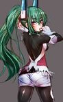  1girl adjusting_hair bare_shoulders blush bodysuit breasts brown_background detached_sleeves fingerless_gloves from_behind gloves green_hair hair_ornament highres large_breasts long_hair looking_back menou_kaname open_mouth original pantylines purple_eyes rough shorts simple_background solo standing taishi_(artist) very_long_hair 