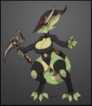  2018 anthro big_breasts breasts claws clothed clothing digital_media_(artwork) female grey_background hat hi_res holding_object holding_weapon horn humanoid kobold legwear looking_at_viewer magic_user melee_weapon navel non-mammal_breasts robotjoe scalie simple_background solo standing thick_thighs weapon wide_hips witch witch_hat 