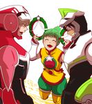  2boys :3 ^_^ bad_id bad_pixiv_id barnaby_brooks_jr blonde_hair blush brown_hair chinese_clothes christmas closed_eyes detached_sleeves dragon_kid facial_hair green_hair huang_baoling kaburagi_t_kotetsu mask multiple_boys power_armor power_suit rduuroorn short_hair short_ponytail shorts stubble superhero thighhighs tiger_&amp;_bunny wild_tiger wreath 