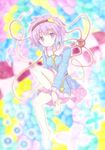  :o barefoot blouse gradient_hair headband heart kittona komeiji_satori leg_up long_sleeves millipen_(medium) multicolored multicolored_background multicolored_hair purple_eyes short_hair skirt solo stained_glass third_eye touhou traditional_media watercolor_pencil_(medium) wide_sleeves 