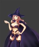  armor bikini_armor blonde_hair blue_eyes breasts cape cleavage grey_background hat inanna123 large_breasts long_hair original simple_background solo thighhighs witch witch_hat 