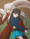  1girl animal_ears arrow black_hair bow_(weapon) casual dog_ears higurashi_kagome holding inuyasha inuyasha_(character) japanese_clothes long_hair long_sleeves pullover saiha skirt sword weapon white_hair yellow_eyes 