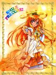  absurdres copyright_name crown cure_sunny detached_sleeves dress highres hino_akane_(smile_precure!) kawamura_toshie kneeling legs long_hair non-web_source official_art orange_(color) orange_dress orange_eyes orange_hair orange_shorts orange_skirt precure princess_form_(smile_precure!) rainbow_text shorts skirt smile_precure! solo thighhighs very_long_hair white_legwear 