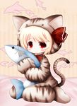  alternate_costume animal_costume bad_id bad_pixiv_id blonde_hair blush bow cat_costume cocozasa dolphin fish hair_ribbon hug looking_at_viewer red_eyes ribbon rumia short_hair sitting smile solo touhou 