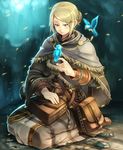  anastacia_of_astora bag bird bird_on_hand blonde_hair blue_bird blue_eyes cloak cov-r dark_souls fringe_trim hair_bun hands satchel seiza short_hair sitting skirt smile solo souls_(from_software) 