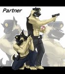  anthro as40728 biceps canine clothed clothing crouching dog doughnut duo german_shepherd gun half-dressed handgun hat male mammal muscles officer pants pecs pistol police ranged_weapon revolver topless trousers uniform weapon 