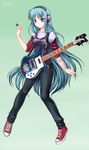  1girl aqua_hair blue_eyes female guitar hatsune_miku headphones instrument kotikomori long_hair pants rickenbacker shirt simple_background solo t-shirt very_long_hair vocaloid 