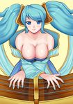  aqua_eyes aqua_hair bare_shoulders blush breasts cleavage collarbone covered_nipples distale highres impossible_clothes instrument large_breasts league_of_legends long_hair looking_at_viewer low_neckline nail_polish smile solo sona_buvelle twintails very_long_hair 