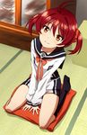  brown_eyes brown_hair cushion hair_ornament hair_scrunchie isshiki_akane kneehighs national_shin_ooshima_school_uniform norepan_sansei orange_scrunchie school_uniform scrunchie short_hair short_shorts shorts sitting smile solo twintails vividred_operation 