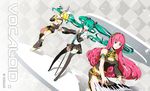  armband bad_id bad_pixiv_id blonde_hair blue_eyes boots checkered checkered_background closed_eyes detached_sleeves floating_hair green_eyes green_hair hair_ornament hair_ribbon hairclip hatsune_miku highres kagamine_rin long_hair megurine_luka microphone microphone_stand midriff multiple_girls necktie outstretched_arm piano_keys pianzu_mao pink_hair ribbon short_hair skirt thigh_boots thighhighs twintails very_long_hair vocaloid 