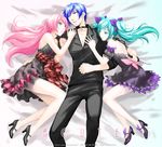  2girls acute_(vocaloid) bare_shoulders blue_eyes blue_hair choker copyright_name dress girl_sandwich green_eyes green_hair guilty_(module) hatsune_miku high_heels kaito kajiwara_aeri knife long_hair lying md5_mismatch megurine_luka multiple_girls nail_polish on_back pink_hair project_diva_(series) project_diva_f sandwiched sash shoes short_dress striped twintails vocaloid 