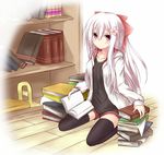  black_legwear book bookshelf bow chabaneko hair_bow hood hood_down hoodie long_hair original pink_eyes short_shorts shorts sidelocks sitting solo thighhighs wariza white_hair 