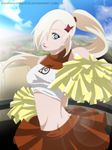  1girl annria2002 blonde_hair cheerleader cloud clouds female green_eyes hair_ornament highres light long_hair naruto open_mouth ponytail shirt short_shirt skirt sky smile solo t-shirt yamanaka_ino 