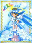  absurdres aoki_reika blue blue_dress blue_eyes blue_hair boots copyright_name crown cure_beauty dress highres kawamura_toshie kneeling legs long_hair non-web_source official_art open_mouth precure princess_form_(smile_precure!) rainbow_text smile_precure! solo twintails very_long_hair 