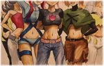  6+girls 6girls absurdres asuna_(pokemon) black_hair brown_hair denim elite_four fuuro_(pokemon) gym_leader highres jeans kamitsure_(pokemon) karin_(pokemon) midriff multiple_girls natane_(pokemon) natsume_(pokemon) navel nintendo pants pokemon red_hair shorts skin_difference 