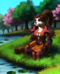  breasts brown_hair cleavage female forest hair hyhlion outside pandaren river scenery scroll solo tree video_games warcraft world_of_warcraft 